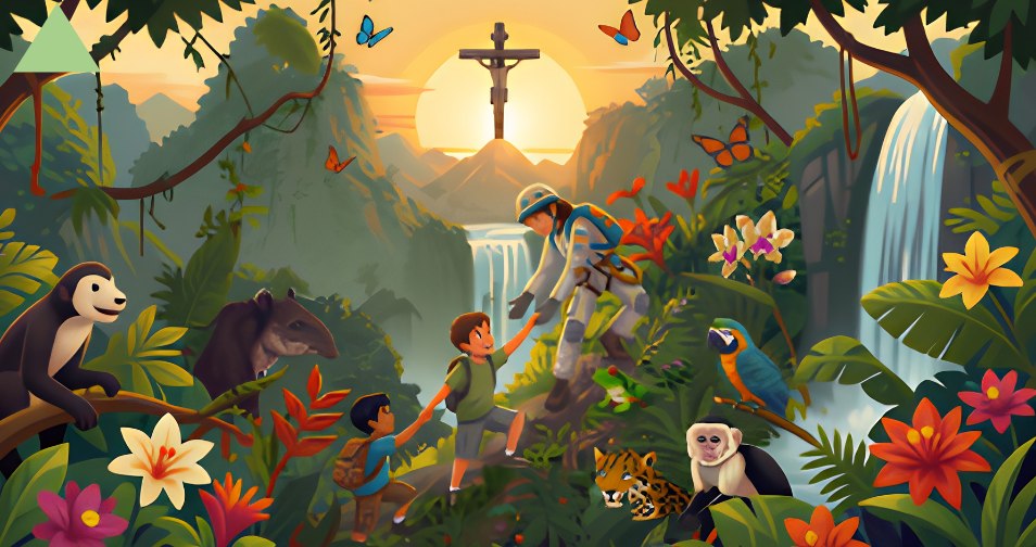 A guide reaches back to help children climb toward a sunlit mountain summit, past a waterfall and through lush jungle with monkeys, a macaw, a toucan, and tropical flowers.